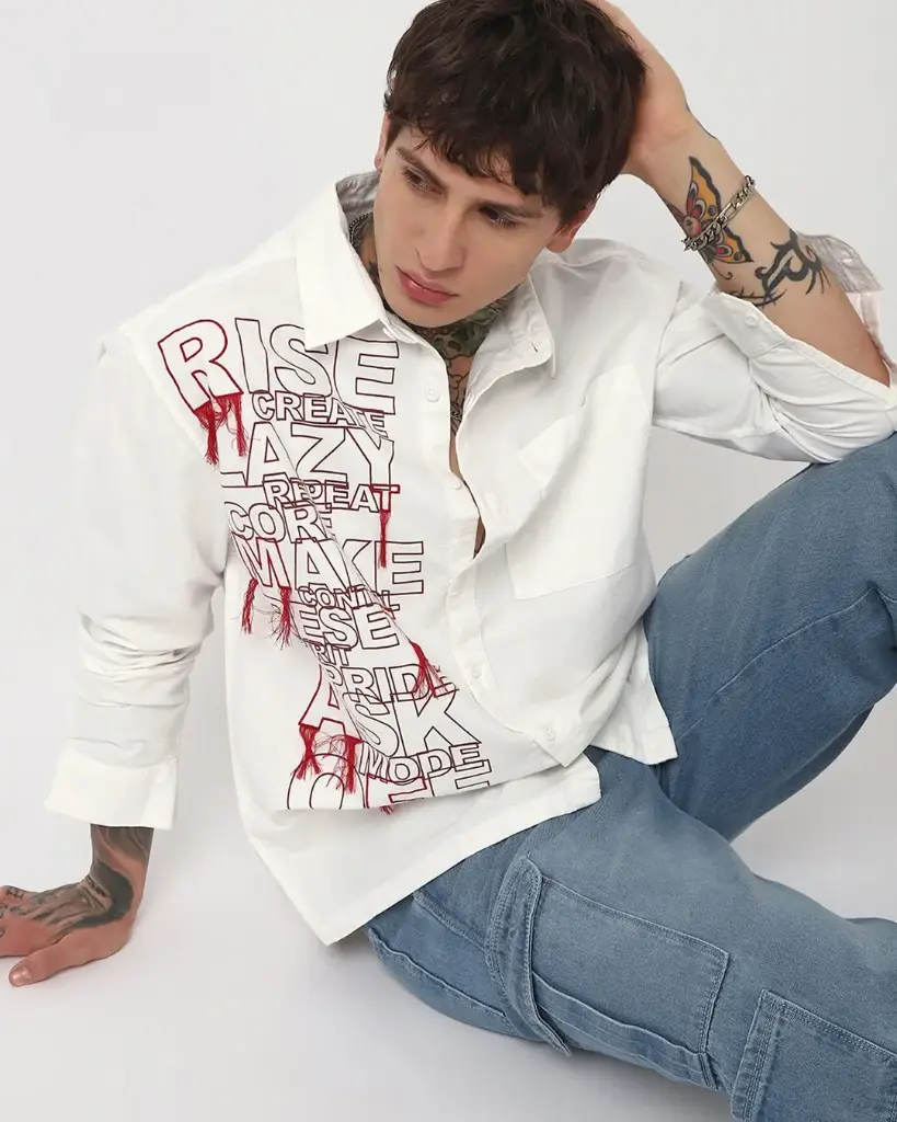 Men's White Typography Oversized Shirt
